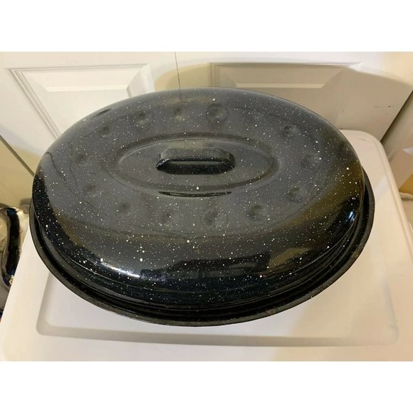 Vintage Cobalt Blue Graniteware Roaster 17" x 12" Enamelware Pot Splatt… - Picture 4 of 8